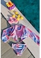 Kız Çocuk Geometrik Desenli Pareolu Bikini Takımı 3'lü Set-pembe