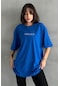 Kadın Vintage Baskılı Bisiklet Yaka Oversize T-shirt Mavi
