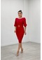Krep Kumaş Kolları Balon Detaylı Kalem Elbise - Kırmızı