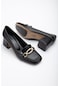 Büyük Küçük Numara Küt Burun Tokalı Cilt Siyah Kadın Kalın Topuklu Ayakkabı-2563-sıyah