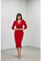 Krep Kumaş Puantiye Detaylı Kalem Elbise - Kırmızı