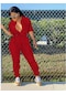Mengtuo Kadın Stil Düz Renk Yaka Fermuarlı Bel Uzun Çift Cepli Geniş Tulum Kırmızı