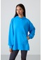 Tommy Life Mavi Balon Kol Yazı Nakışlı Kadın Oversize Tunik Sweatshirt - 97163 Mavi