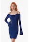 Fullamoda Broş Detaylı Büzgülü Elbise- Saks Mavi 24YGB5949205182-Saks
