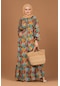 Palmiye Desenli Kuşaklı Kadın Tesettür Elbise Bej 2220