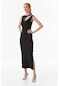 Fullamoda Fitilli Taş Detaylı Pencereli Yırtmaçlı Elbise- Siyah 24YGB7220202749-Siyah
