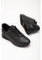 İnce Taban Bağlı Cilt Siyah Kadın Spor Ayakkabı-2929-siyah