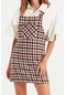 Moda Stil Fitted Kare Yaka Mini Boy Dokuma Ekose Desenli Jile Elbise Ekru