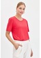 Desen Triko Kadın Sıfır Yaka Flamlı Kumaş Penye T-shirt Kmy24084 Mercan