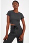 Maraton Sportswear Slimfit Kadın Bisiklet Yaka Kısa Kol Basic Antramelanj Crop Top 18997 Antrasit Melanj
