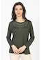 Yeni Model Taş İşlemeli Yuvarlak Yaka Likralı Anne Penye Bluz 6420-haki Yeşili