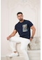 Bisiklet Yaka Önü Baskılı Pamuklu Likralı Basic Regular Fit T-shirt Lacivert