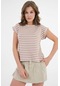 Vizon Çizgili Bisiklet Yaka Japone Kol Basic T-shirt Vizon