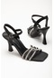 3 Bant Taşlı Saten Siyah Kadın Topuklu Abiye Ayakkabı-2912-siyah