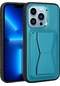 Ekılıf - İphone 13 Pro Uyumlu Kılıf Kartlıklı Standlı Pu Deri Memo Kapak - Mavi