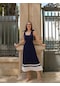 Styleboom X Peraluna Kelly Dress Askılı Bağlama Detaylı Rahat Kesim Midi Boy Yazlık Kadın Triko Elbise Lacivert