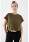 Maraton Sportswear Comfort Kadın Bisiklet Yaka Kısa Kol Basic Zeytin Crop Top 20856 Zeytin Yeşili