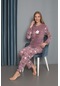 Yeni Sezon Kadın Welsoft Polar Yuvarlak Yaka Çiçek Desenli Kalın Pijama Takımı 30004-lila