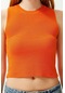 Moda Bisiklet Yaka Triko Slim Düz Desen Casual Günlük Crop Kolsuz Bluz Açık Turuncu