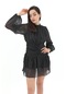 Büzgülü Puantiyeli Şifon Elbise - Siyah-siyah