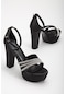 Saten Çapraz Taşlı 40mm Siyah Kadın Platform Topuklu Abiye Ayakkabı-2833-siyah