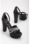 Saten Çapraz Taşlı 40mm Siyah Kadın Platform Topuklu Abiye Ayakkabı-2833-siyah