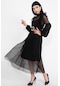 Ponponlu Tül Kumaş Kadın Piliseli Elbise - Siyah-siyah