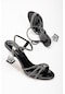 3 Bant Taşlı Ayna Malzeme Siyah Kadın Şeffaf Topuklu Abiye Ayakkabı-2720-siyah