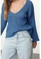Stil Modern Kadın Crop Standart Kol V Yaka Yünlü Geniş Kalıp Basic Triko Kazak Koyu Mavi