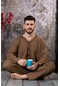 Erkek Boydan Düğmeli Yüksel Kalite Pamuk Pijama Takımı 16511-kahve Rengi