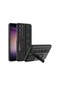 Mutcase - Samsung Uyumlu Galaxy S23 - Kılıf Stand Olabilen El Tutacaklı Karbon Fiber Band Kapak - Siyah
