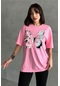 Kadın Çiçekli Kelebek Baskılı Bisiklet Yaka Oversize T-shirt Pembe