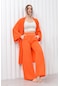Kadın Keten Cepli Kuşaklı Uzun Kimono Turuncu-turuncu
