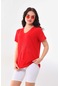 Sistas Kadın Desenli V Yaka Kısa Kol Bluz 23161 Kırmızı