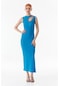 Fullamoda Fitilli Taş Detaylı Pencereli Yırtmaçlı Elbise- Altın 24YGB7220202749-Mavi