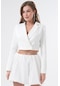 Beyaz Kruvaze Crop Blazer Ceket Beyaz