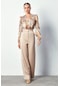 Sateen Desenli Bodysuit Bluz - Camel