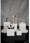 7 Parça Mermer Desenli Beton Banyo Seti Katı Sıvı Sabunluk Beyaz