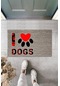 Dijital Baskı Gri Kırmızı Kalpli Patili I Love Dogs Dekoratif Kapı Paspası K-2076