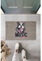 Dijital Baskı Gri Music Yazılı Kulaklıklı Köpek Dekoratif Kapı Paspası K-2043