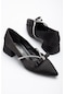 Saten Taşlı Sivri Siyah Büyük Numara Kadın Ayakkabısı Topuklu-2565-siyah
