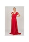 Doridorca Kadın Yakası Volanlı Saten Abiye Elbise 5921021 Kırmızı Kırmızı