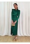 Kadın Uzun Kollu Saten Elbise Abiye - Yeşil