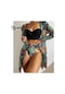 Kadın Yaz Baskılı Bikini Mayo Üç Parçalı Set - Siyah - Wr409301