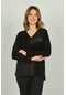 Detay Triko Kadın V Yaka Suni Deri Detaylı Uzun Kol Bluz 4551 Siyah