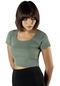 Kadın Yeşil Havuz Yaka Fitted/vücuda Oturan Kısa Kol Crop Tişört 23k-trp-crp04-yeşil