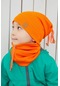 Erkek Bebek Çocuk İp Detaylı Şapka Bere Boyunluk Takım Rahat %100 Pamuklu Kaşkorse-7185 -Turuncu