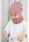Erkek Bebek Çocuk İp Detaylı Şapka Bere Boyunluk Takım Rahat %100 Pamuklu Kaşkorse -7191 - Gül Kurusu
