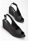 Dolgu Taban Burun Ve Arka Açık Ortopedik Suni Deri Siyah Kadın Dolgu Topuk Ayakkabı-2781-siyah