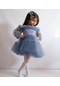Kız Çocuk Abiye Gri Lacivert Parıltılı 2 Katlı Tütü Etekli Uzun Kol Kabarık Parıltılı Abiye Elbise